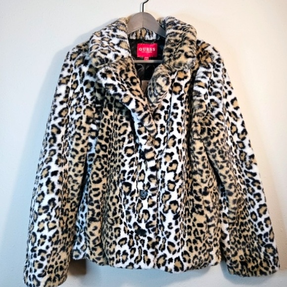 Guess coat leopard faux fur loose fit open front coat cozy soft faux fur Guess - Picture 2 of 6
